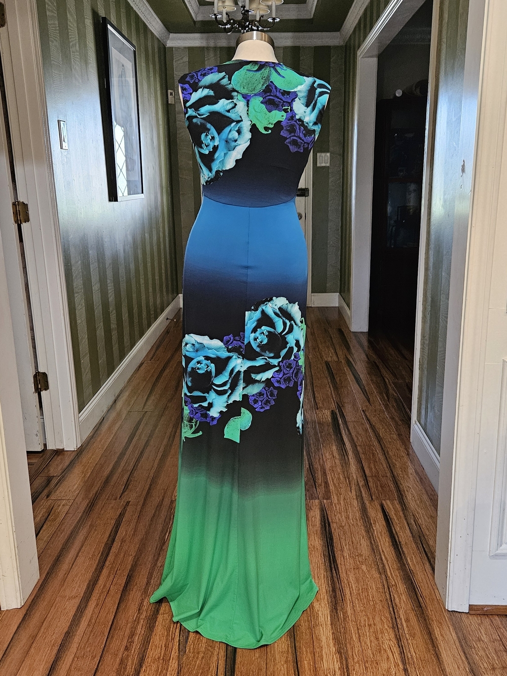 Roberto Cavalli Blue Green Ombre Floral Maxi Dress Size 42/6 - Picture 4 of 8